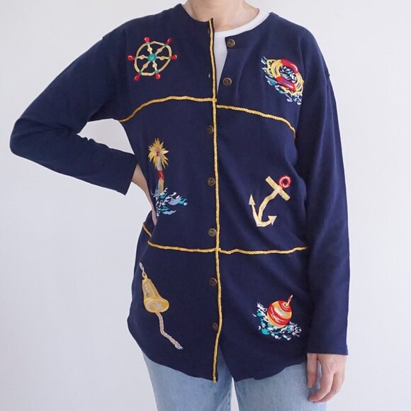 Vintage Chaus Sport Navy Embroidered Nautical Boating Sailing Button Cardigan S - Picture 1 of 13